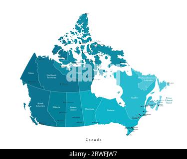 Vector Modern Illustration. Vereinfachte isolierte Verwaltungskarte Kanadas in blauen Farben. Weißer Hintergrund und Umriss. Namen der Städte (Ottawa) Stock Vektor
