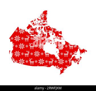 Vector isolierte Illustration für Neujahr und Weihnachten. Vereinfachte Kanada-Karte. Rote Muster verziert mit weißen Schneeflocken mit Kreuzstich und rein Stock Vektor