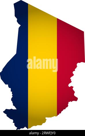 Vektorillustration mit Nationalflagge mit vereinfachter Form der Tschadkarte. Volume Shadow auf der Karte. Stock Vektor