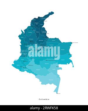 Vector moderne isolierte Illustration. Vereinfachte, farbenfrohe Verwaltungskarte Kolumbiens. Weißer Hintergrund und Umrisse. Namen großer Städte und Abfahrt Stock Vektor