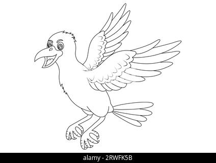 Schwarz-weiß fliegende Krähe Zeichentrickfigur Vektor-Illustration. Malseite der fliegenden Krähe Stock Vektor