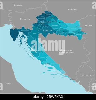 Vector Modern Illustration. Vereinfachte Verwaltungskarte Kroatiens und der Grenzen zu den Nachbarländern. Blauer Hintergrund der Adria. Namen von Stock Vektor