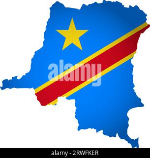 Illustration mit Nationalflagge mit vereinfachter Form der Karte der Demokratischen Republik Kongo (jpg). Volume Shadow auf der Karte Stock Vektor