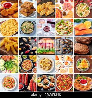 Food Collage-Layout. Eine Auswahl an Gerichten, eine Sammlung für ein Restaurant-Banner. Internationale Küche. Burger, Salat und Teller mit italienischen, mexikanischen und amerikanischen Gerichten Stockfoto