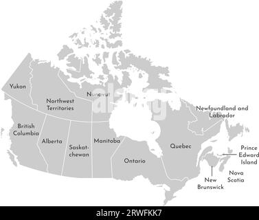 Vektor-isolierte Illustration einer vereinfachten Verwaltungskarte Kanadas. Grenzen und Namen der Provinzen (Regionen). Graue Silhouetten. Weiße Umrandung Stock Vektor