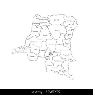 Vektor-isolierte Illustration einer vereinfachten Verwaltungskarte der Demokratischen Republik Kongo. Grenzen und Namen der Provinzen (Regionen). Schwarz Stock Vektor