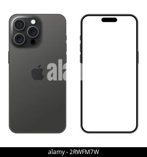 Das neue Black Titanium Modell des Apple iPhone 15 pro Smartphones. Modellvorlage isoliert auf weißem Hintergrund Stock Vektor