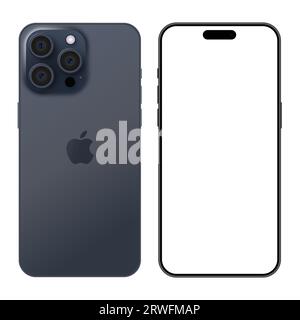 Neues iPhone 15 Pro Blue Titanium Telefon. Mockup-Bildschirm, Vorder- und Rückansicht. Redaktioneller Vektor Stock Vektor