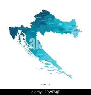 Vector moderne isolierte Illustration. Vereinfachte Verwaltungskarte Kroatiens in blauen Farben. Weißer Hintergrund. Namen kroatischer Städte und Grafschaften Stock Vektor