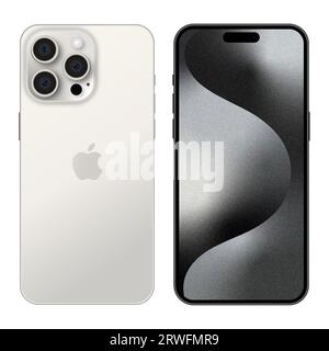 Neues iPhone 15 Pro White Titanium Smartphone. Mockup-Bildschirm, Vorder- und Rückansicht. Redaktioneller Vektor Stock Vektor