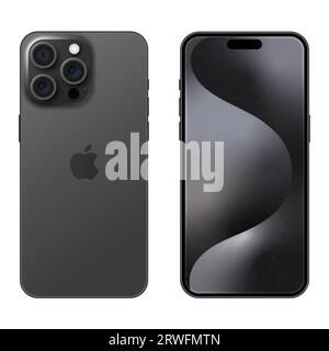 Neu iPhone 15 Pro Max Black Titanium. Vorder- und Vack-Seitenansicht. Redaktionelle Illustration Stock Vektor