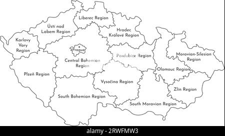 Vektor-isolierte Illustration der vereinfachten Verwaltungskarte Tschechiens. Grenzen und Namen der Regionen. Silhouetten mit schwarzen Linien Stock Vektor