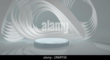 Rundes Metallpodium mit weißen runden abstrakten Figuren auf der Rückseite auf grauer Oberfläche. Minimalistische Szene mit blauem Licht. 3D-Illustration Stockfoto