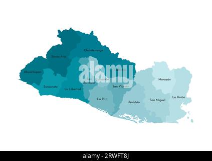 Vektorisolierte Darstellung einer vereinfachten Verwaltungskarte von El Salvador. Grenzen und Namen der Abteilungen (Regionen). Buntes blaues Khaki-Silh Stock Vektor