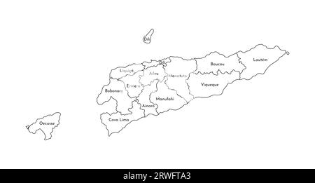 Vektorisolierte Darstellung einer vereinfachten Verwaltungskarte Osttimors (Timor-Leste). Grenzen und Namen der Regionen. Silhouetten mit schwarzen Linien. Stock Vektor