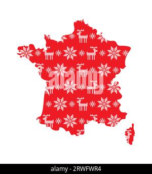 Vector isolierte Illustration für Neujahr und Weihnachten. Vereinfachte Karte für Frankreich. Rote Muster verziert mit weißen Schneeflocken mit Kreuzstich und rein Stock Vektor