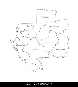 Vektorisolierte Darstellung einer vereinfachten Verwaltungskarte Gabuns. Grenzen und Namen der Provinzen (Regionen). Silhouetten mit schwarzen Linien. Stock Vektor