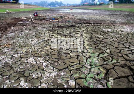 Bandung, Indonesien. September 2023. Ein Bauer bewässert seine Farm mit einer Wasserpumpe in der Nähe des Cileunca-Sees in Bandung, Westjava, Indonesien, 19. September 2023. Quelle: Septianjar Muharam/Xinhua/Alamy Live News Stockfoto