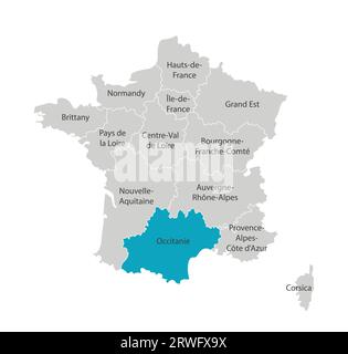 Vektor-isolierte Illustration der vereinfachten Verwaltungskarte Frankreichs. Blaue Form der Okzitanie. Grenzen der Provinzen (Regionen). Graue Silhouetten Stock Vektor