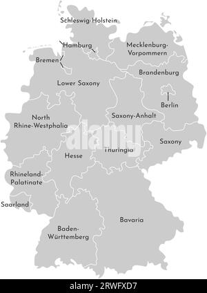 Vektorisolierte Darstellung einer vereinfachten Verwaltungskarte Deutschlands. Grenzen und Namen der staaten (Regionen). Graue Silhouetten. Weißer Backgroun Stock Vektor