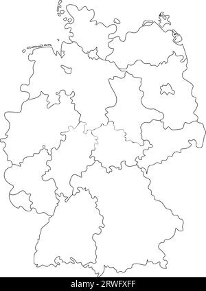 Vektorisolierte Darstellung einer vereinfachten Verwaltungskarte Deutschlands. Grenzen der staaten (Regionen). Schwarze Umrisssilhouetten. Weißer Hintergrund Stock Vektor