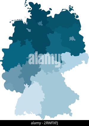 Vektorisolierte Darstellung einer vereinfachten Verwaltungskarte Deutschlands. Grenzen der staaten (Regionen). Farbenfrohe blaue Silhouetten. Weißer Hintergrund Stock Vektor