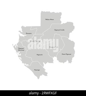 Vektorisolierte Darstellung einer vereinfachten Verwaltungskarte Gabuns. Grenzen und Namen der Provinzen (Regionen). Graue Silhouetten. Weiße Umrandung Stock Vektor