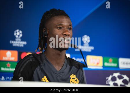 Valdebebas, Spanien. September 2023. Eduardo Camavinga (Real Madrid) während der Pressekonferenz am Tag vor dem Fußballspiel der Champions League gegen Union Berlin in Ciudad Real Madrid in Valdebebas. Quelle: SOPA Images Limited/Alamy Live News Stockfoto