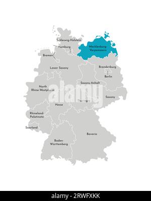 Vektorisolierte Darstellung einer vereinfachten Verwaltungskarte Deutschlands. Blaue Silhouette von Mecklenburg-Vorpommern (Land). Graue Silhouetten. Weiß o Stock Vektor