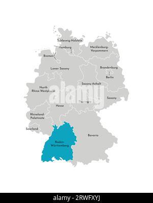 Vektorisolierte Darstellung einer vereinfachten Verwaltungskarte Deutschlands. Blaue Silhouette Baden-Württembergs. Graue Silhouetten. Weißer Outlin Stock Vektor