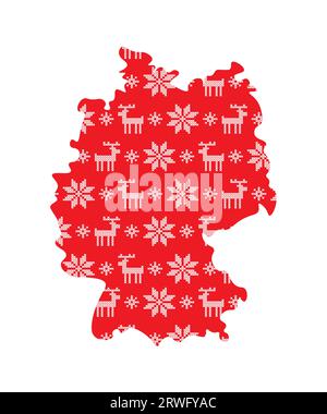 Vector isolierte Illustration für Neujahr und Weihnachten. Vereinfachte Karte für Deutschland. Rote Muster mit weißen, kreuzgestickten Schneeflocken und rei Stock Vektor