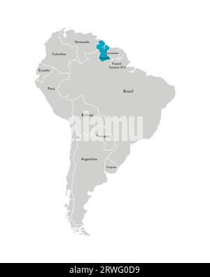 Vektorillustration mit vereinfachter Karte des südamerikanischen Kontinents mit blauer Kontur von Guyana. Graue Silhouetten, weiße Umrandung der bundesstaaten. Stock Vektor