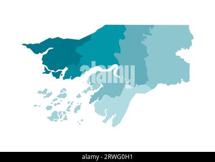 Vektorisolierte Darstellung einer vereinfachten Verwaltungskarte Guinea-Bissaus. Grenzen der Regionen. Farbenfrohe, khakifarbene Silhouetten. Stock Vektor
