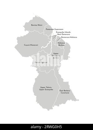 Vektorisolierte Darstellung einer vereinfachten Verwaltungskarte Guyanas. Grenzen und Namen der Regionen. Graue Silhouetten. Weiße Umrandung Stock Vektor