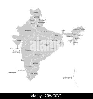 Vektor-isolierte Illustration einer vereinfachten Verwaltungskarte Indiens. Grenzen und Namen der staaten (Regionen). Graue Silhouetten. Weiße Umrandung. Stock Vektor