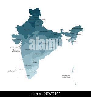 Vektor-isolierte Illustration einer vereinfachten Verwaltungskarte Indiens. Grenzen und Namen der staaten. Farbenfrohe, khakifarbene Silhouetten. Stock Vektor