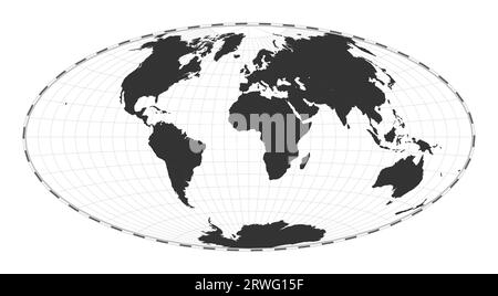 Vektor-Weltkarte. Aitoff-Projektion. Einfache geografische Weltkarte mit Breiten- und Längengraden. Zentriert auf 0 Grad Längengrad. Stock Vektor