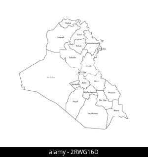 Vektor-isolierte Illustration einer vereinfachten Verwaltungskarte des Irak. Grenzen und Namen der Gouvernements (Regionen). Silhouetten mit schwarzen Linien. Stock Vektor