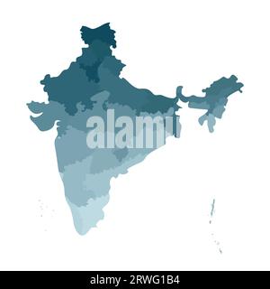 Vektor-isolierte Illustration einer vereinfachten Verwaltungskarte Indiens. Grenzen der staaten. Farbenfrohe, khakifarbene Silhouetten. Stock Vektor
