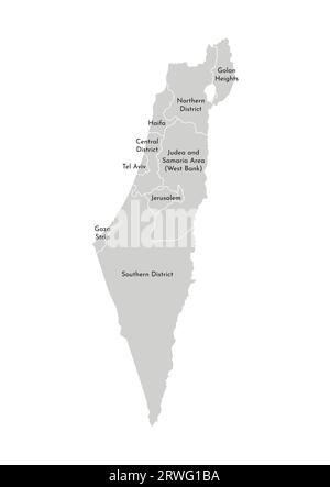 Vektor-isolierte Illustration einer vereinfachten Verwaltungskarte Israels. Grenzen und Namen der Bezirke (Regionen). Graue Silhouetten. Weiße Umrandung Stock Vektor