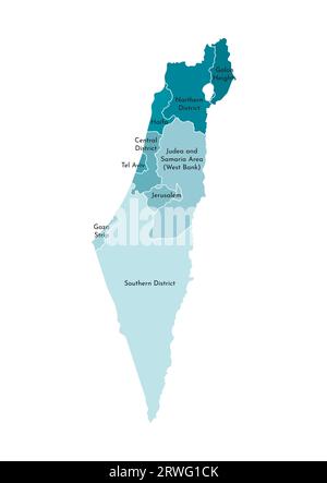 Vektor-isolierte Illustration einer vereinfachten Verwaltungskarte Israels. Grenzen und Namen der Bezirke (Regionen). Farbenfrohe, khakifarbene Silhouetten Stock Vektor