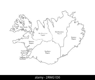 Vektorisolierte Darstellung einer vereinfachten Verwaltungskarte Islands. Grenzen und Namen der Regionen. Silhouetten mit schwarzen Linien. Stock Vektor