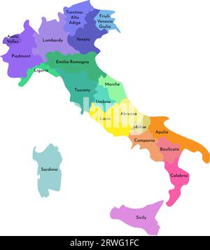 Vektorisolierte Darstellung einer vereinfachten Verwaltungskarte Italiens. Grenzen und Namen der Regionen. Mehrfarbige Silhouetten. Stock Vektor