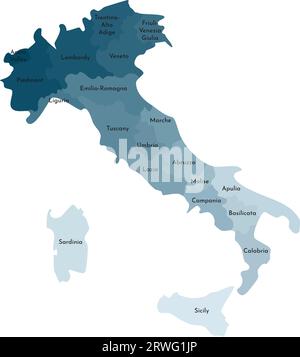 Vektorisolierte Darstellung einer vereinfachten Verwaltungskarte Italiens. Grenzen und Namen der Regionen. Farbenfrohe, khakifarbene Silhouetten. Stock Vektor