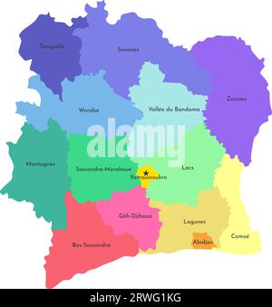 Vektor-isolierte Illustration der vereinfachten Verwaltungskarte Elfenbeinküste (Côte d'Ivoire). Grenzen und Namen der Bezirke. Farbenfrohe Silhouetten Stock Vektor