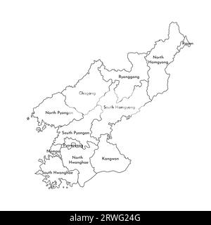 Vektorisolierte Darstellung einer vereinfachten Verwaltungskarte Nordkoreas (Volksrepublik Korea). Grenzen und Namen der Regionen. Schwarz lin Stock Vektor