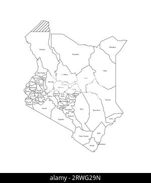 Vektorisolierte Darstellung einer vereinfachten Verwaltungskarte Kenias. Grenzen und Namen der Bezirke (Regionen). Silhouetten mit schwarzen Linien. Stock Vektor