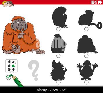Karikaturillustration der Suche nach dem richtigen Bild zum Schattenlehrspiel mit Orang-Utan-Tiercharakter Stock Vektor