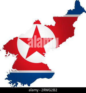 Illustration mit Nationalflagge mit vereinfachter Form der Karte Nordkoreas (Demokratische Volksrepublik Korea) (jpg). Volume Shadow auf der Karte. Stock Vektor