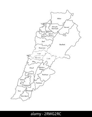Vektor-isolierte Illustration der vereinfachten Verwaltungskarte des Libanon. Grenzen und Namen der Bezirke. Silhouetten mit schwarzen Linien. Stock Vektor